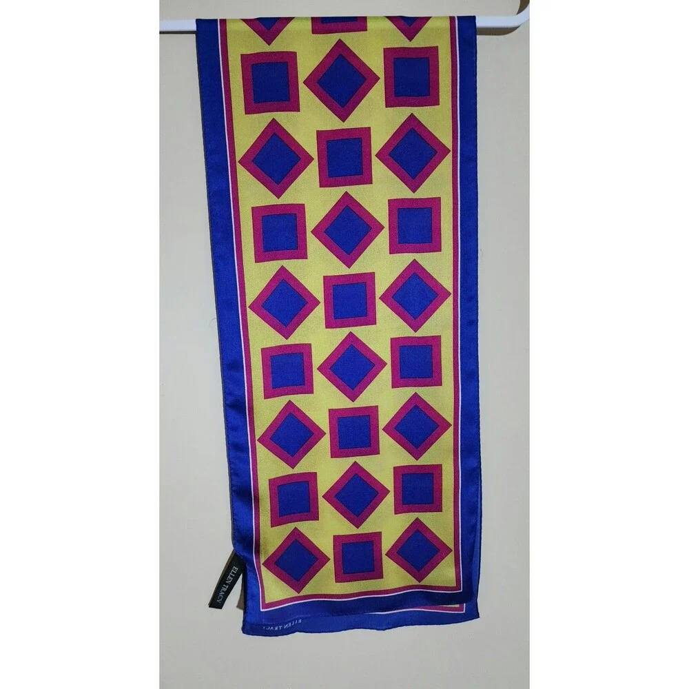 90s Ellen Tracy 100% Silk Scarf Rectangle Geometric Blue Red Yellow Vintage 52